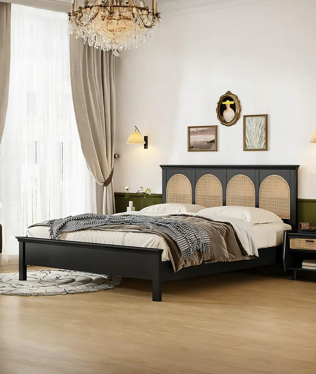 The Wooden Tone Tashi Poster Bed for Bedroom Use Made with Wood and Cane in Black Light Color