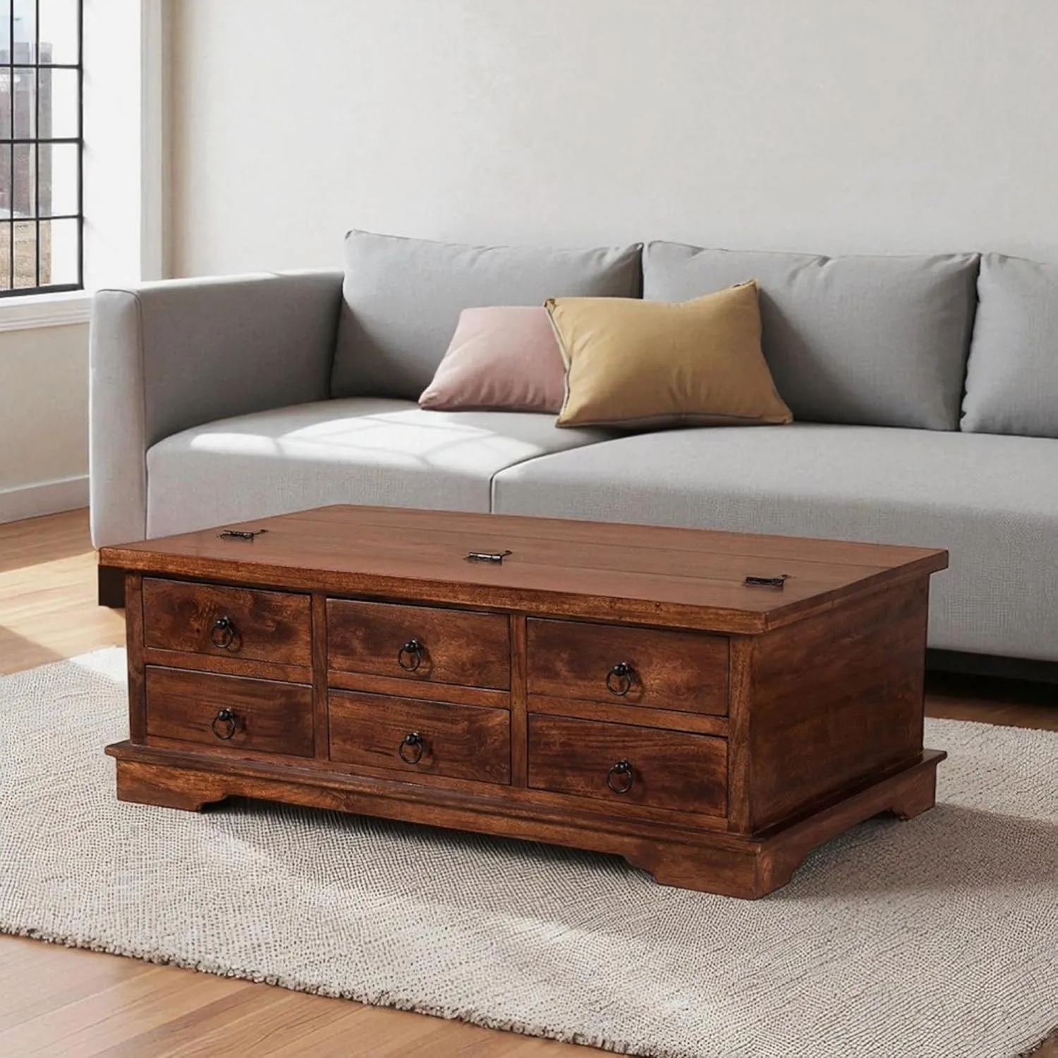 The Wooden Tone Coffee Table for Living Room with Drawers Centre Table Made with Sheesham Wood in Polish Light Color