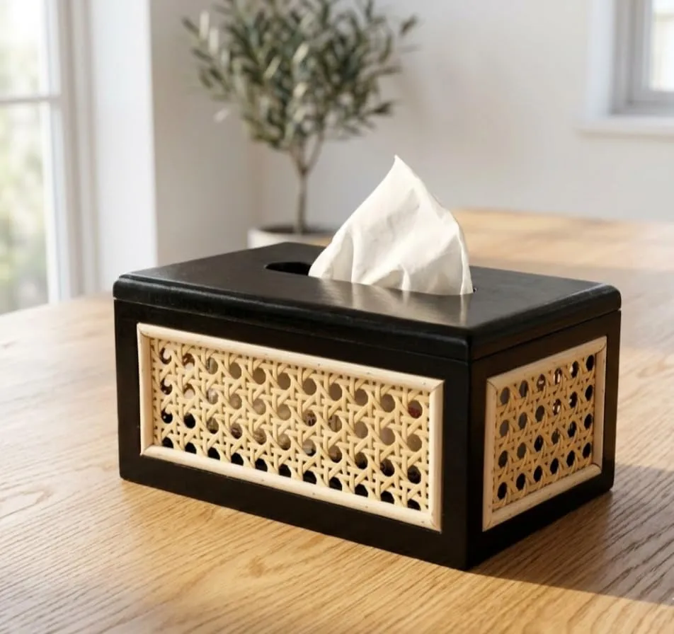 Wooden Napkin Holder for Dining Table Kitchen Use Black Wood and Cane Tissue Holder Stand Stylish Durable Tabletop Organizer for Home Restaurant Cafe Napkin Storage and Easy Access Daily Use Decors