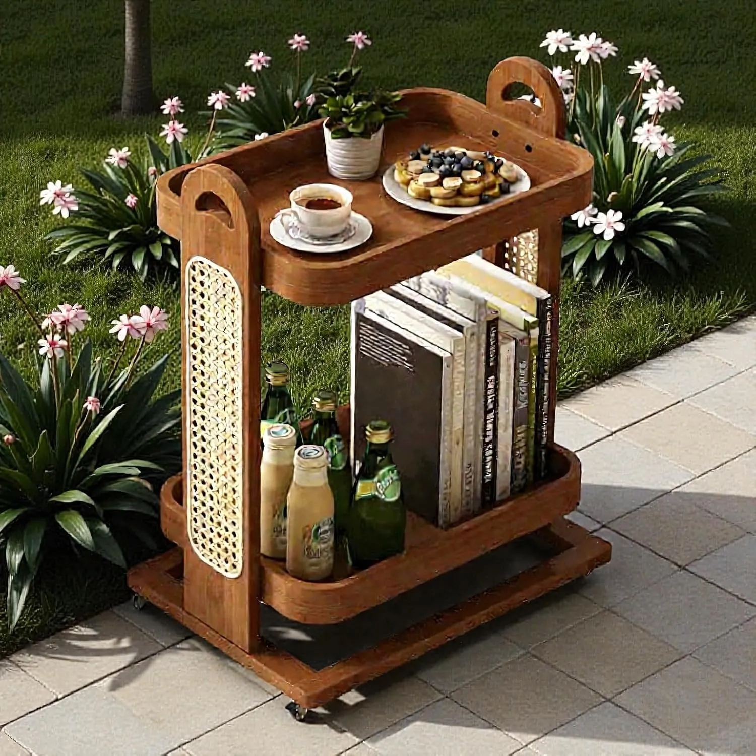 The Wooden Tone Foldable Serving Trolley for Serving Use Made with Wood and Cane in Brown Light Color