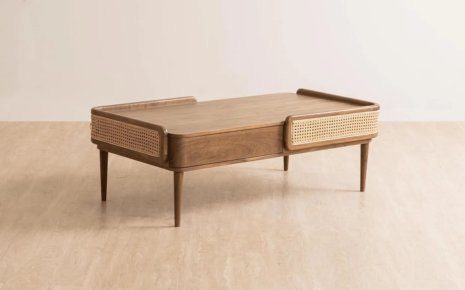 The Wooden Tone Rectangular Wooden Coffee Table with Open Storage for Living Room Use Made with Wood and Cane in Brown Light Color