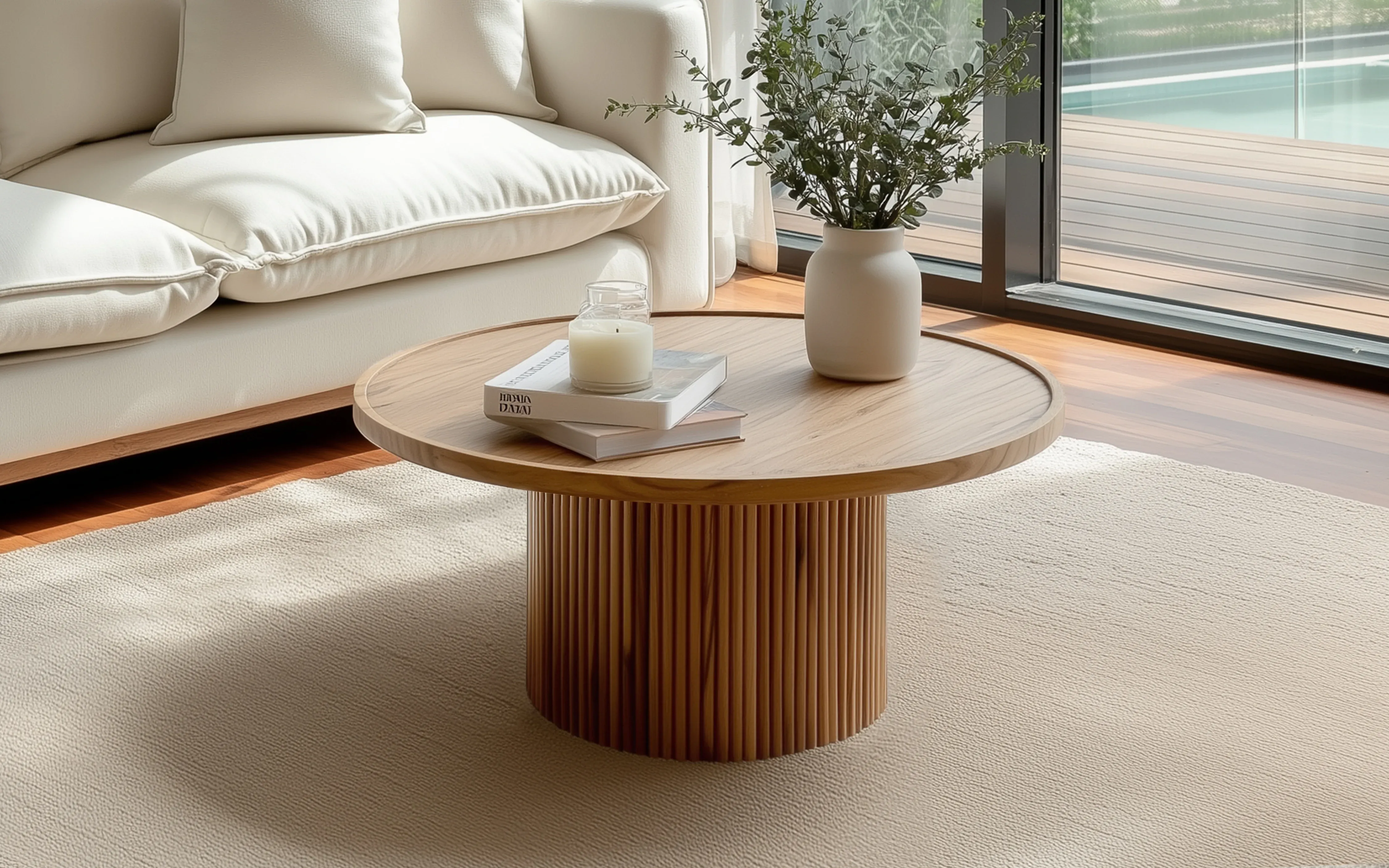The Wooden Tone Round Coffee Table for Living Room Use Made with Wooden Material in Brown Light Color