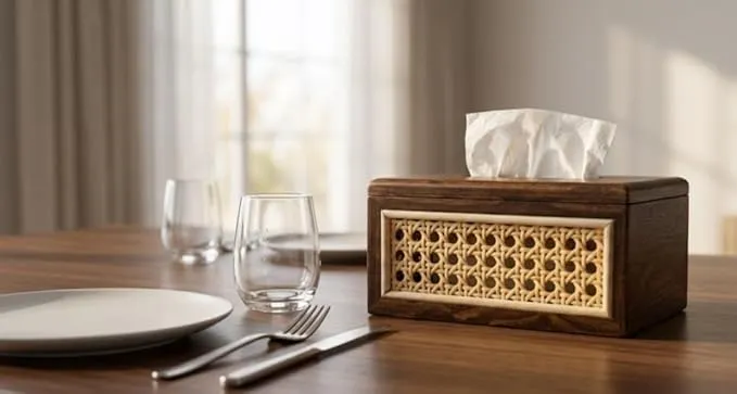 Wooden Napkin Holder for Dining Table Kitchen Use Brown Wood and Cane Tissue Holder Stand Durable Tabletop Organizer for Home Restaurant Cafe Napkin Storage Easy Access Holder Stylish Design
