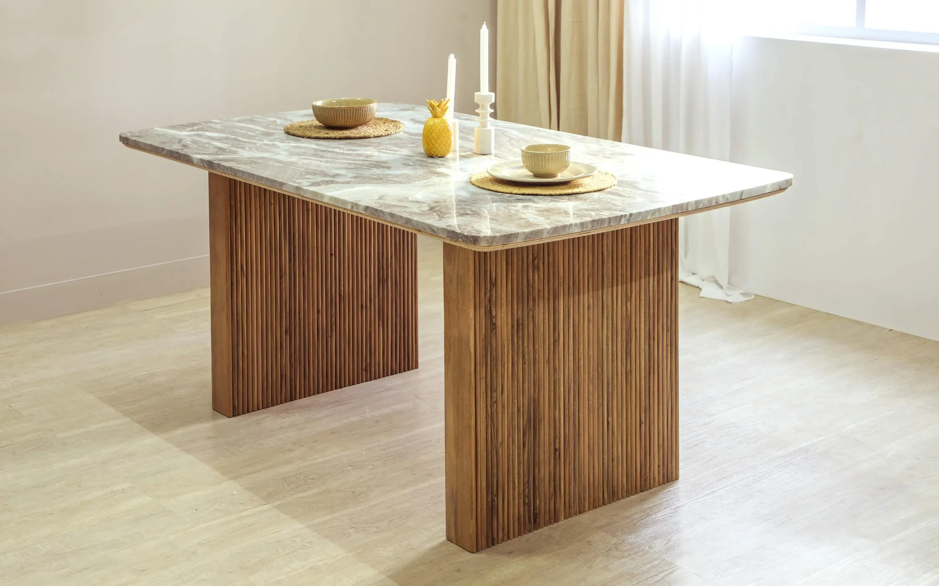 The Wooden Tone Dining Table for Dining Use Made with Wood and Marble Top in Brown Light Color