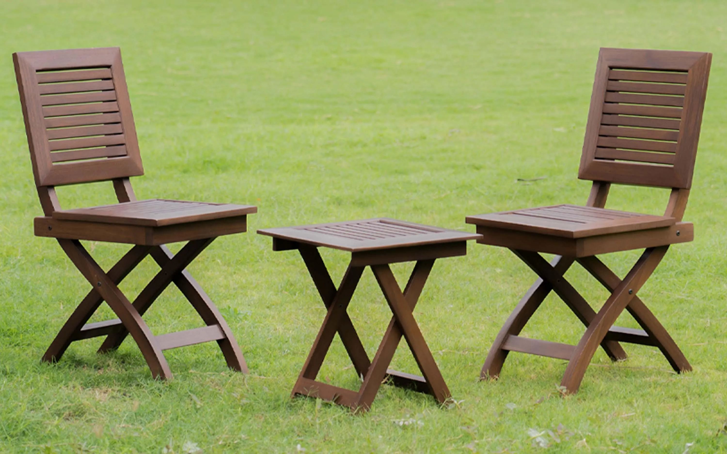The Wooden Tone Outdoor Folding Square Stool with 2 Square Chairs for Outdoor Seating Use Made with Teak Wood in Mahogany Light Color