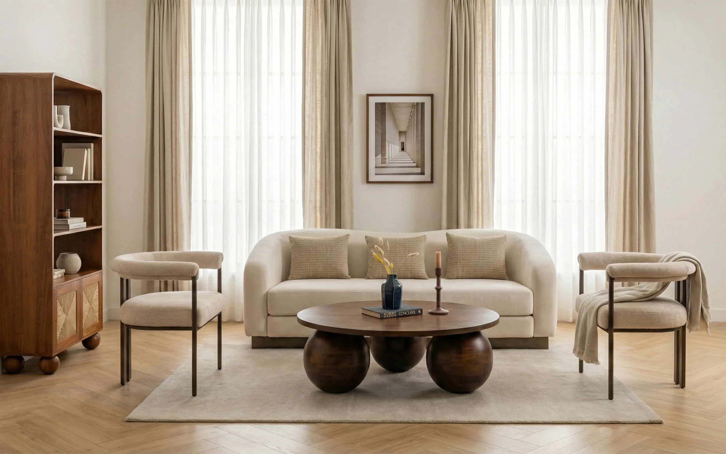 The Wooden Tone Round Coffee Table for Living Room Use Made with Wood in Brown Walnut Light Color