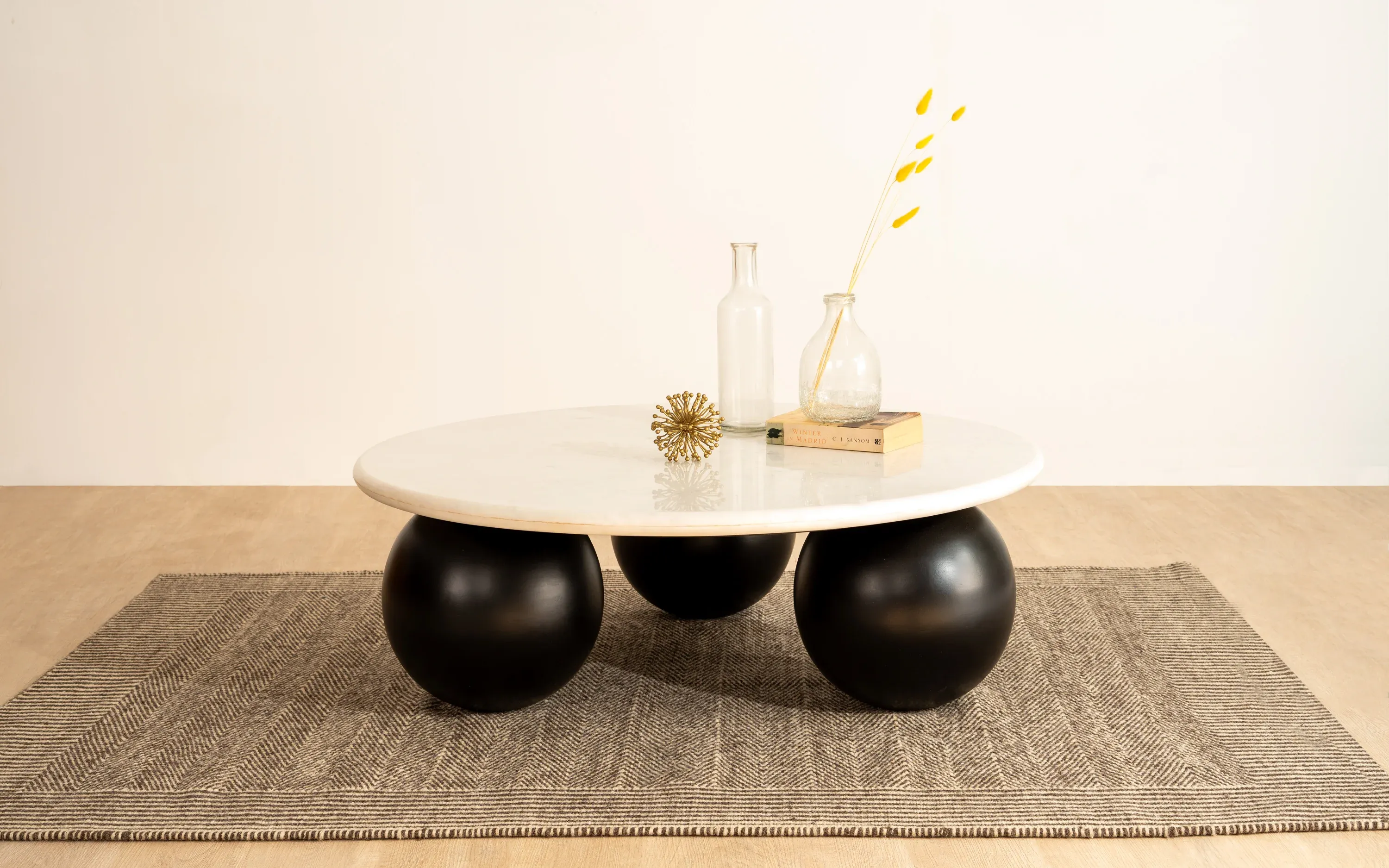 The Wooden Tone Round Coffee Table for Living Room Use Made with Wood and Marble in Brown Walnut Light Color