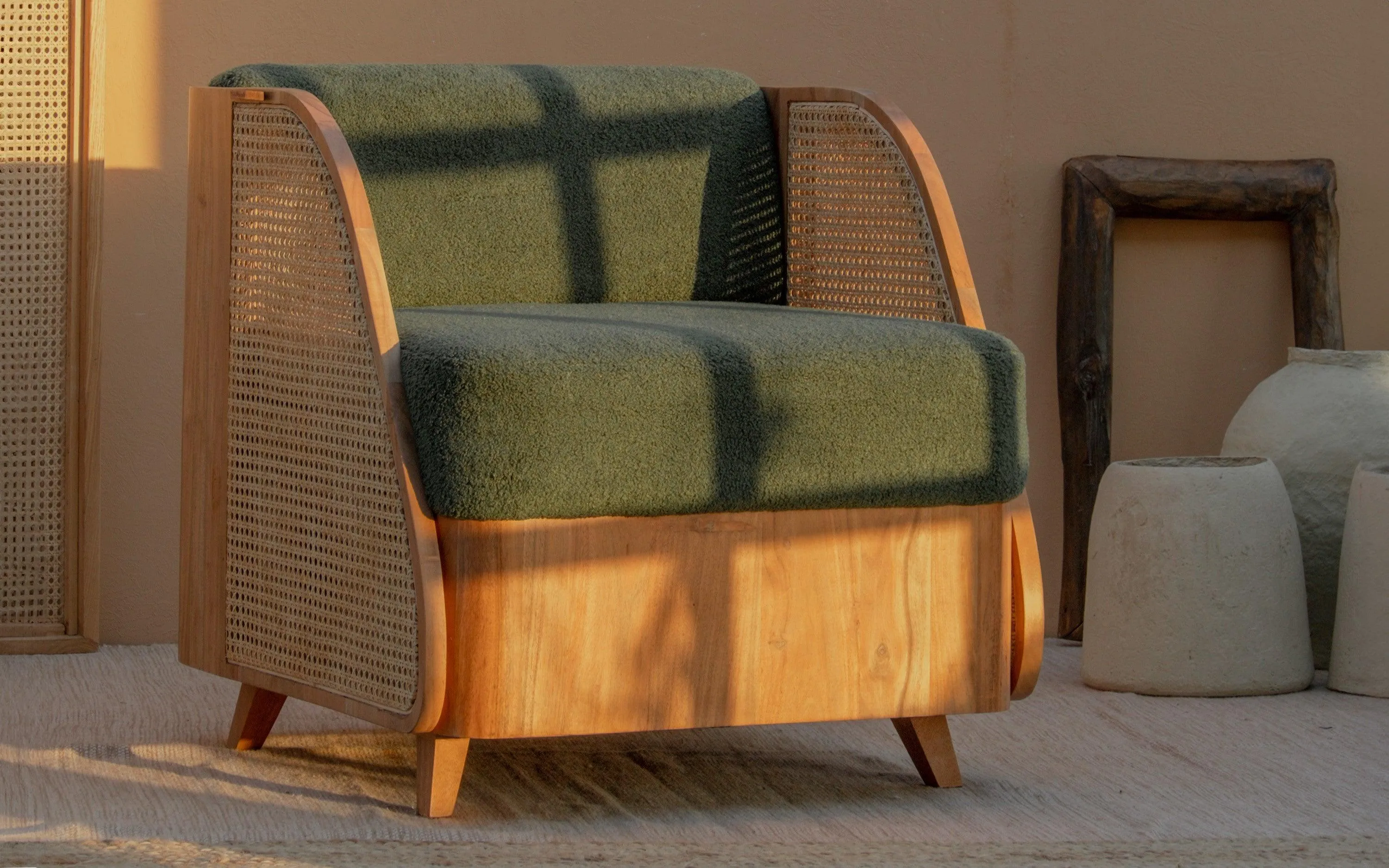 The Wooden Tone Arm Chair for Seating Use Made with Mango Wood Cushion and Cane in Natural Walnut Light Color