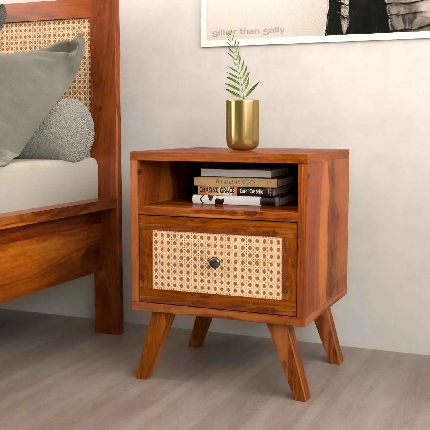 The Wooden Tone Bedside Table with Drawers Wooden and Cane Furniture for Bedroom Storage Home Use