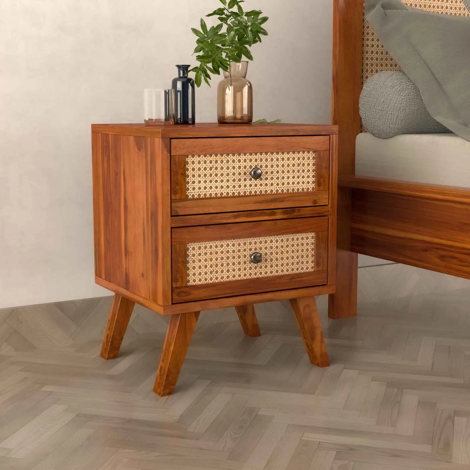 The Wooden Tone Bedside Table with 3 Drawers Wooden Walnut Brown Furniture for Bedroom Storage Home Use