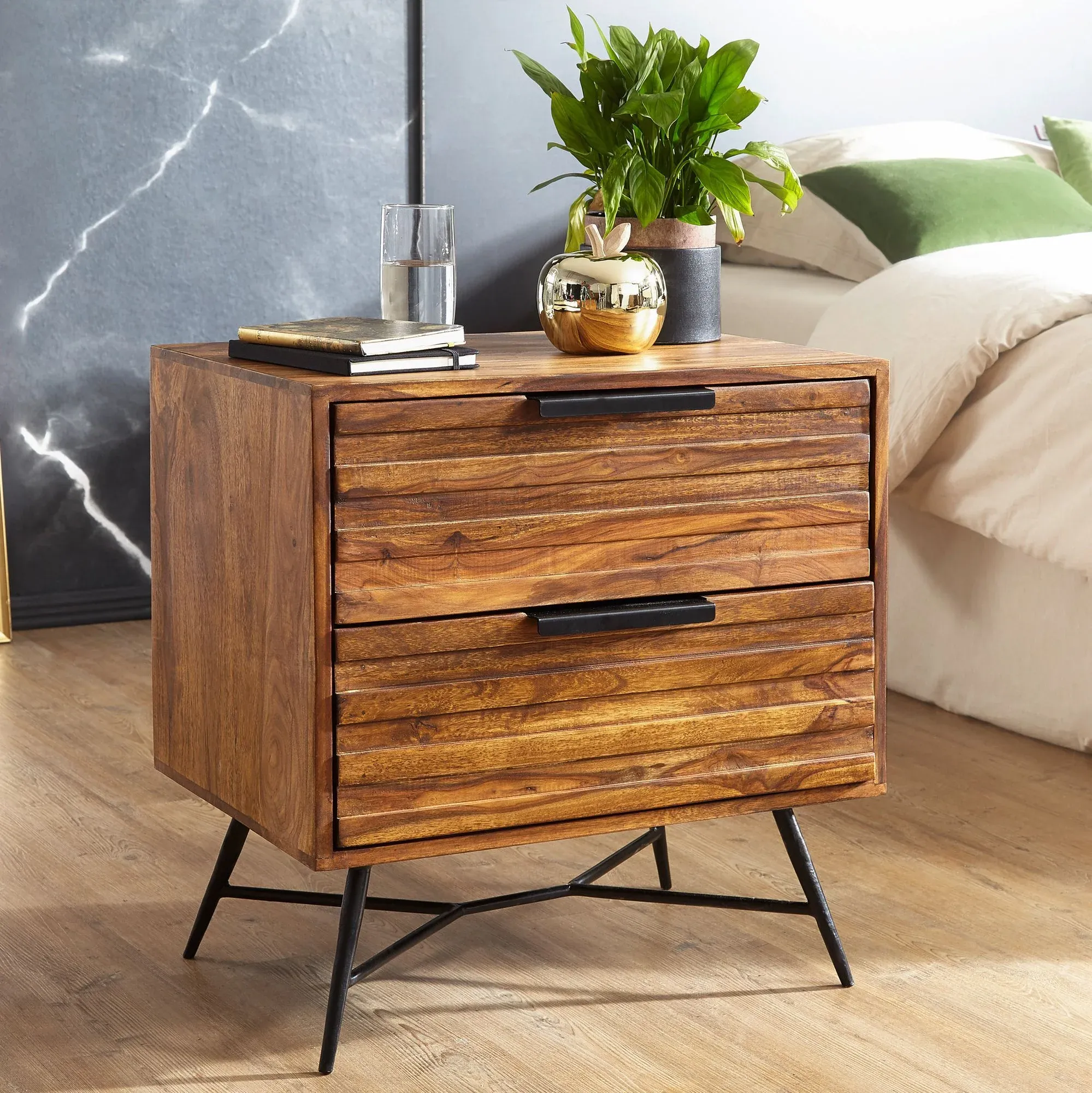 The Wooden Tone Bedside Table with 2 Drawers Wooden and Iron Furniture for Bedroom Storage Home Use