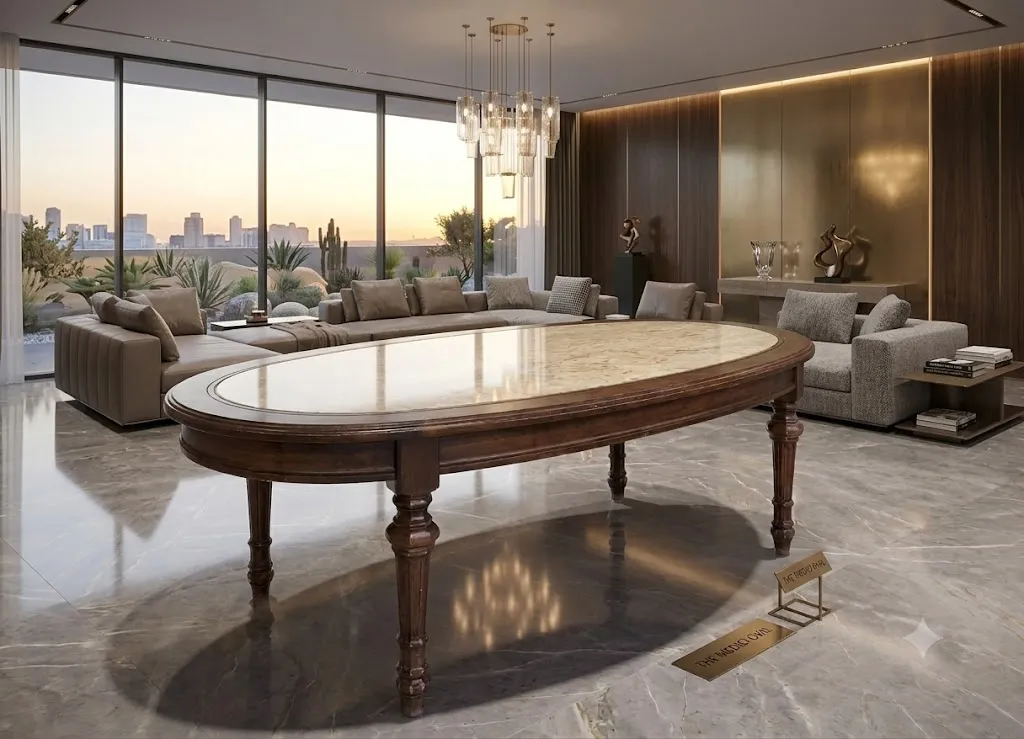 The Wooden Tone Wooden Marble Center Table Walnut Brown Wood and Marble Furniture for Living Room Use