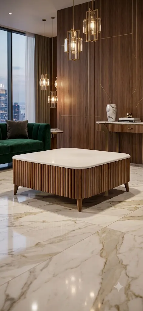 The Wooden Tone Canter L Table for Living Room Use Wood and Marble Center Table Brown and White Light Colour