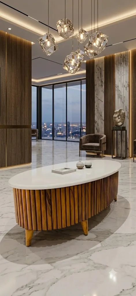 The Wooden Tone Canter L Table Oval Center Table for Living Room Use Wood and Marble Construction
