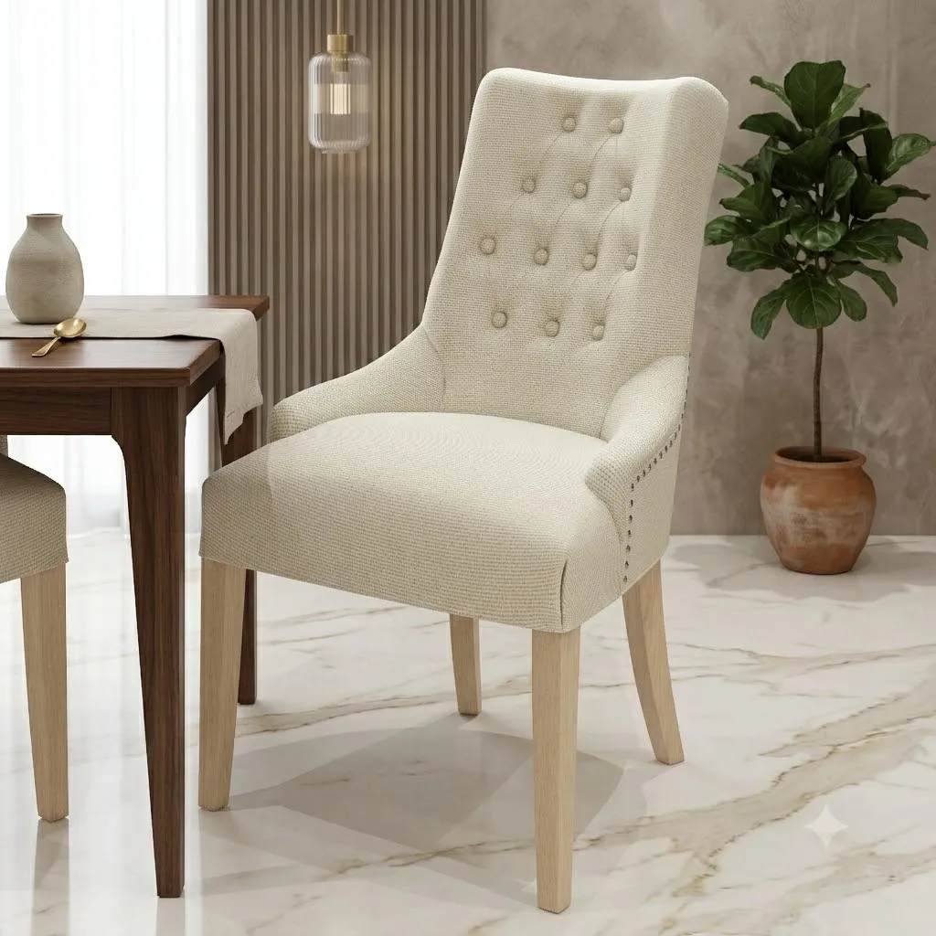 The Wooden Tone Wooden Button Tufted Teak Wood Dining Chairs Set of 2 for Dining Room Use Wood and Cushion