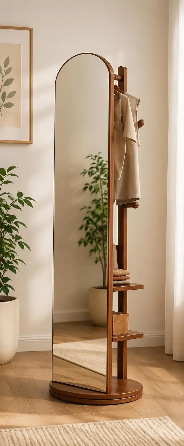 Foldable Standing Organizer Without Mirror with Storage Shelves and Coat Hooks Walnut Wooden Clothes Organizer for Bedroom Entryway Living Room Home Storage