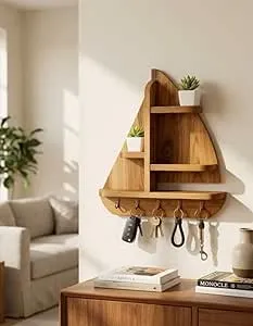 Wooden Wall Shelves with Key Holder for Entryway Storage Use Natural Wood Wall Organizer Shelf with Hooks Durable Key Hanger Rack for Home Office Living Room Decor Space Saving Storage Unit