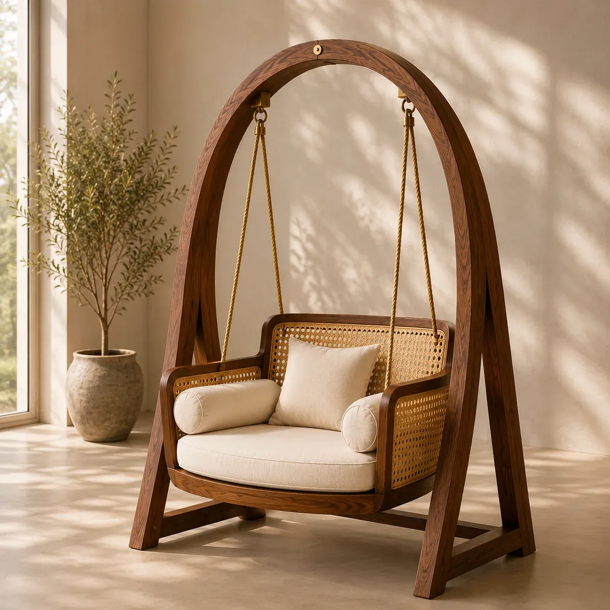 Wooden Hanging Swing Chair with Stand, Cane Jhula Chair with Cushions, Indoor Outdoor Swing for Living Room, Balcony & Bedroom, Comfortable Relaxing Seat with Sturdy Wooden Frame, Elegant Home Décor