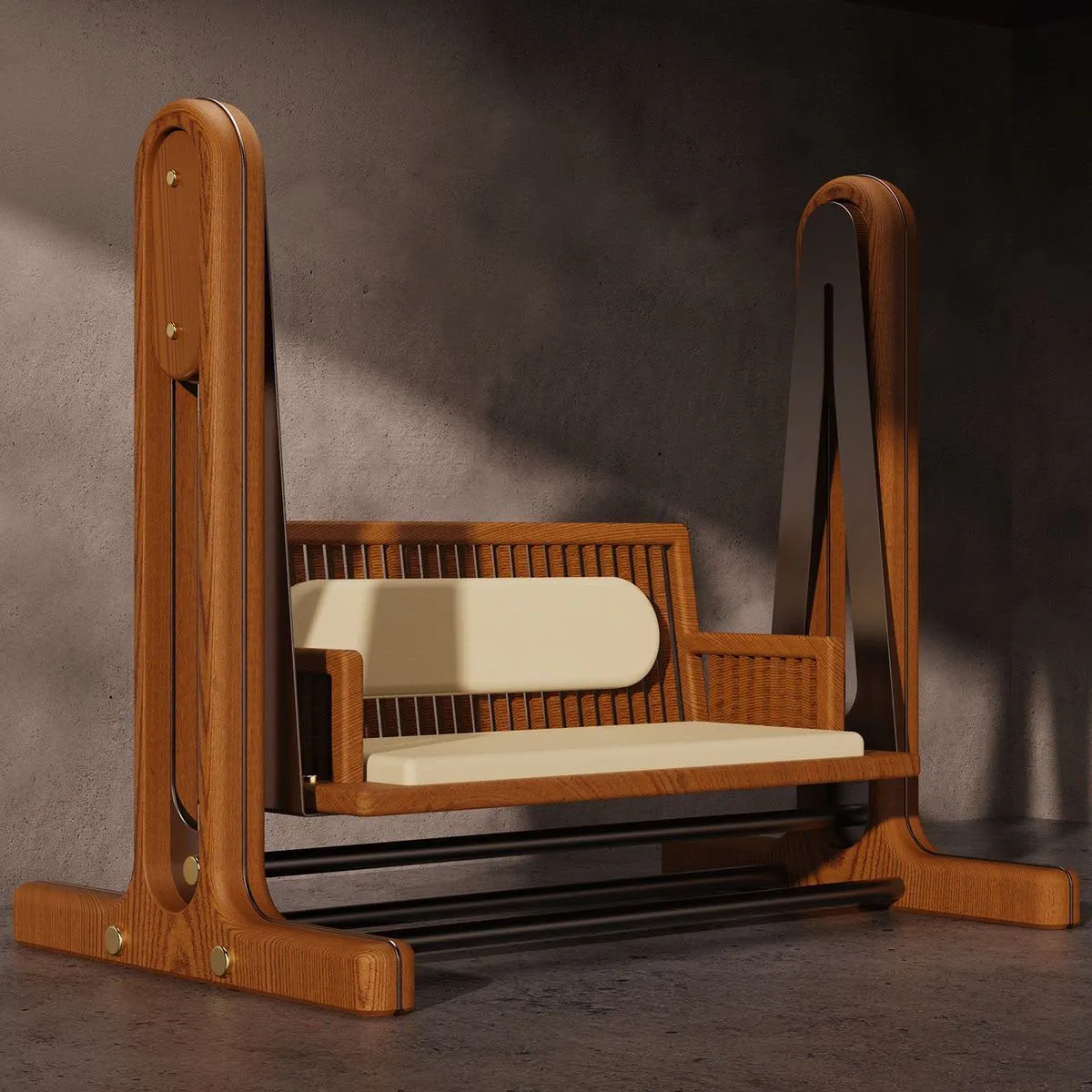 Wooden Swing Sofa for Living Room, 2 Seater Indoor Jhula with Cane Backrest, Cushioned Swing Chair with Wooden Frame, Floor Standing Hanging Swing for Balcony, Bedroom & Home Décor