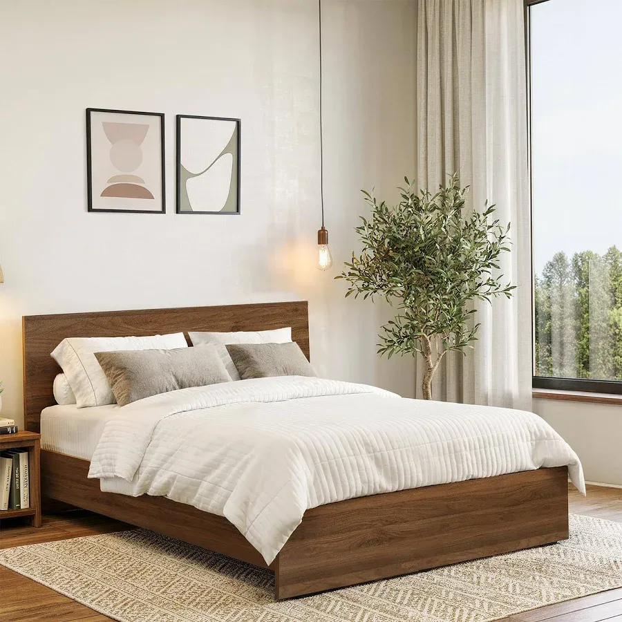 The Wooden Tone Mango Wood Bed for Bedroom, Solid Wooden Bed Frame with Walnut Finish, Sturdy Double Bed for Adults, Modern King Size Bed with Elegant Wooden Headboard, Durable Home Furniture