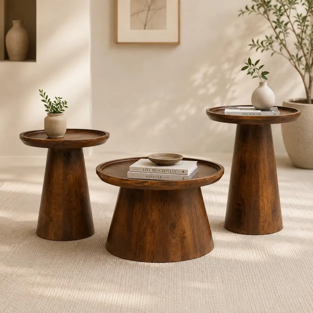 Set of 3 Mango Wood Coffee Table and Sofa Side Table, Walnut Finish Round Nesting Tables, Foldable Accent Tables for Living Room Bedroom Office Balcony Home Decor