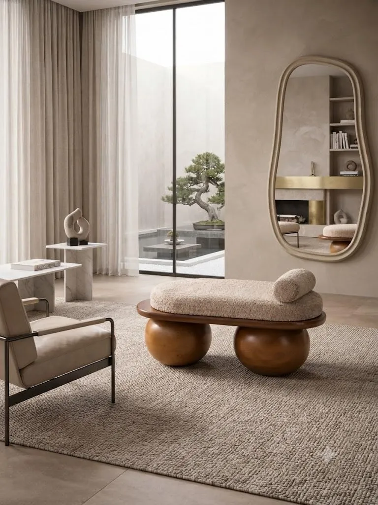 Living Room Bench with Cushion Seat, Walnut Finish Wooden Bench, Cream Upholstered Cushion Bench for Bedroom Entryway 