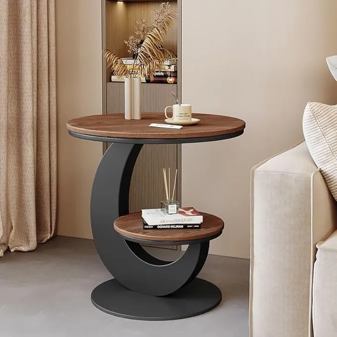 Wooden Coffee Table C Shape for Living Room Use Black and Brown Wood Side Table Laptop Snack Tea Table Durable Sofa End Table Space Saving Design for Home Office Bedroom Daily Use