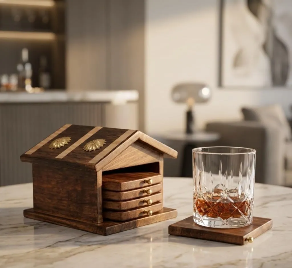 Wooden Tea Coasters Set of 6 for Table Protection Use Brown Wood Drink Coaster Set Durable Cup Glass Coasters with Holder for Home Kitchen Dining Table Office Decor Daily Use