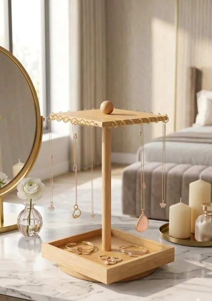 Wooden Jewellery Stand Foldable for Storage Display Use Natural Wood Jewelry Holder Organizer Durable Earring Necklace Ring Stand for Home Dressing Table Space Saving Portable Design