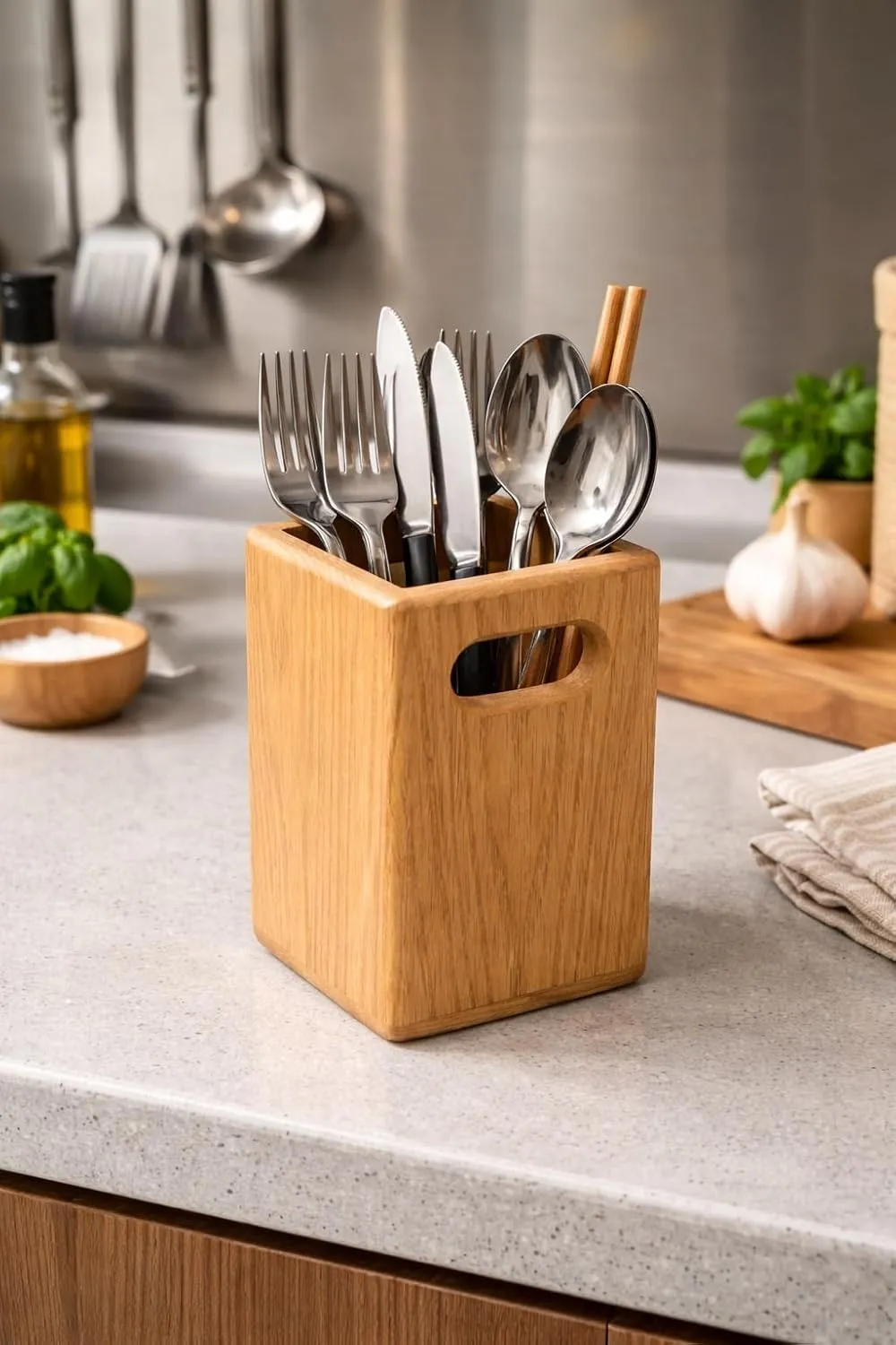 Wooden Cutlery Holder for Kitchen Dining Table Use Natural Wood Utensil Holder Organizer Durable Spoon Fork Stand Storage for Home Restaurant Tabletop Kitchen Organizer Space Saving Design