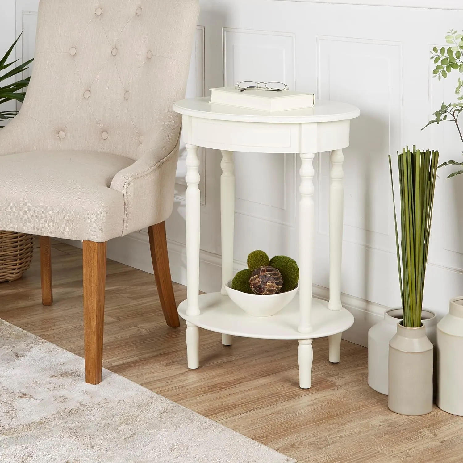 Foldable Round Wooden Sofa Side Table for Living Room Space Saving Design Durable Wooden Material Easy Storage Multipurpose Use for Home Bedroom Balcony Compact Stylish White Brown Finish Modern Style