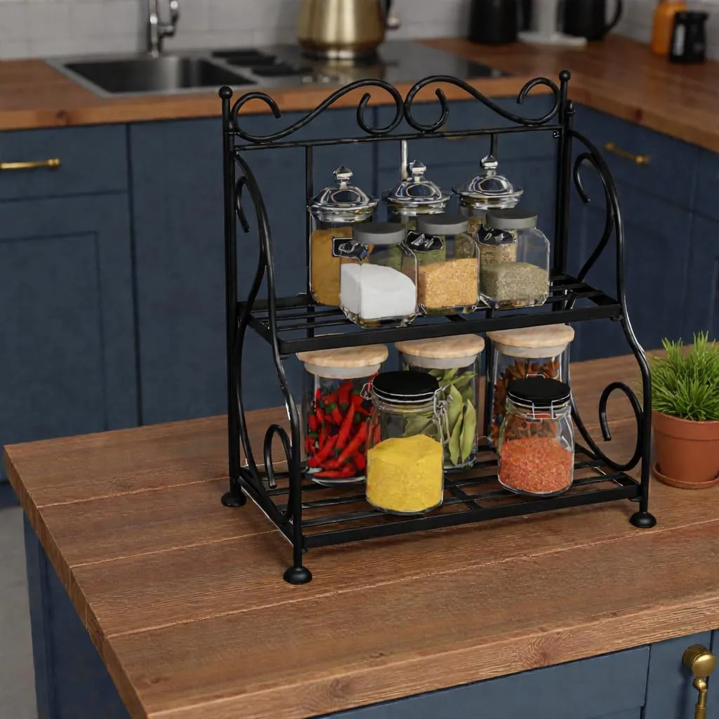 Kitchen Rack Foldable Storage Organizer for Kitchen Use Durable Iron Material Space Saving Shelf Rack Stand Multipurpose Storage Solution Easy Setup Strong Build Black Finish for Home Use