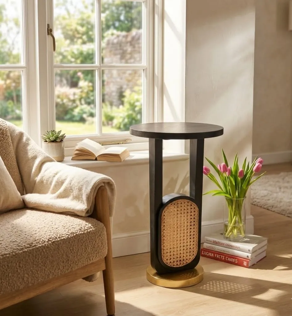 Foldable Coffee Table U Shape Cane Table for Living Room Use Durable Wooden Material Space Saving Design Stylish Side Table Easy Storage Multipurpose Use Black Golden Finish Home Furniture