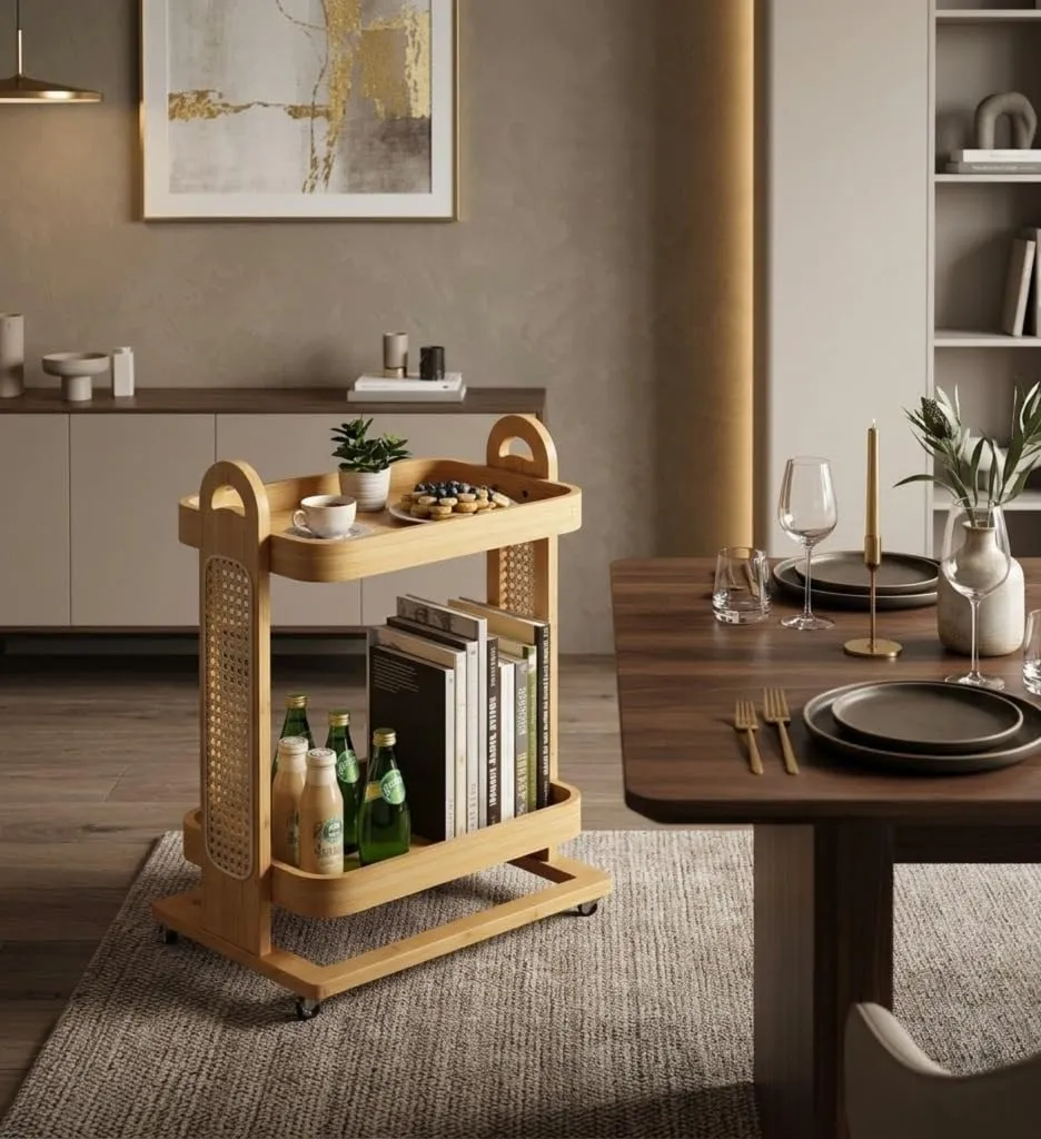 Serving Trolley Bar Cart Foldable for Home Kitchen Use Durable Wooden and Cane Material Space Saving Design Easy Storage Multipurpose Serving Cart Natural Finish Strong Build