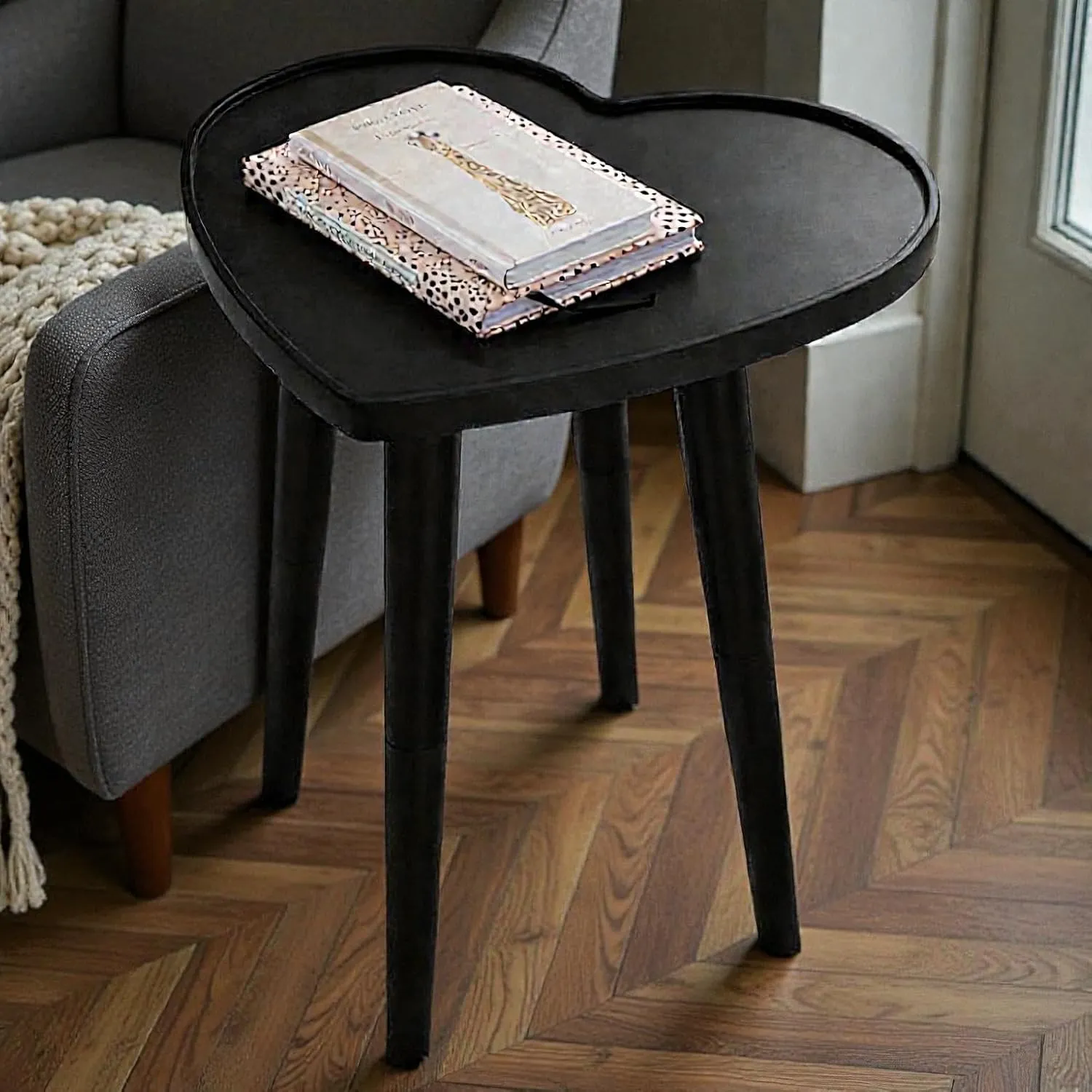 Foldable Coffee Table Heart Shape for Living Room Use Durable Wooden Material Space Saving Design Stylish Side Table Easy Storage Multipurpose Use Strong Build Black Finish Home Furniture