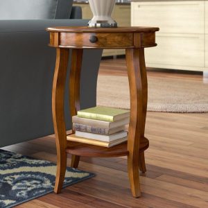 Brown Wooden End Table with Drawer & Shelf – Classic Round Accent Table for Living Room, Bedroom or Office – Elegant Curved Legs – Solid Wood Furniture