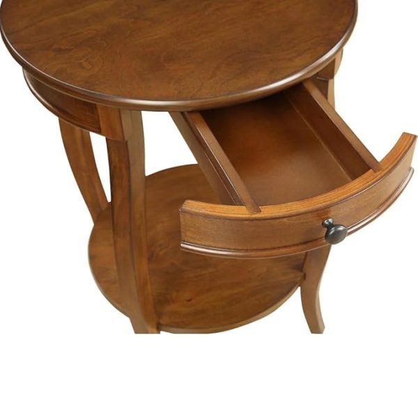 Brown Wooden End Table with Drawer & Shelf – Classic Round Accent Table for Living Room, Bedroom or Office – Elegant Curved Legs – Solid Wood Furniture - Image 6