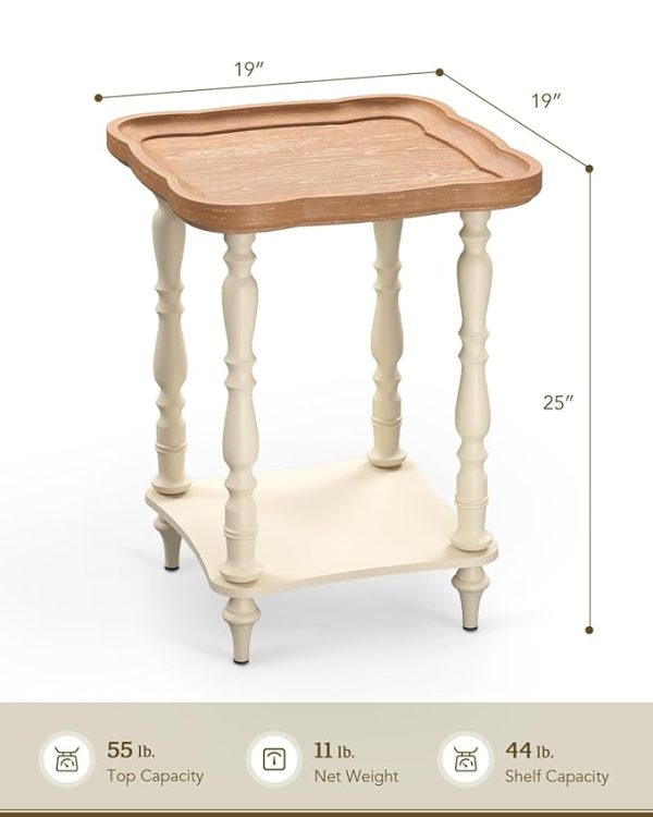 Wood End Table with Drawer, Off-White & Natural Finish, Farmhouse Accent Table, Small Side Table for Living Room or Bedroom, Wooden Furniture with Shelf Storage, 19"x19"x25" - Image 7