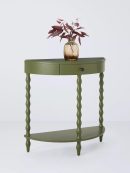 Olive Green Wooden Console Table with Drawer – Elegant Half-Moon Entryway Table – Solid Wood Accent Furniture for Hallway, Living Room, or Foyer