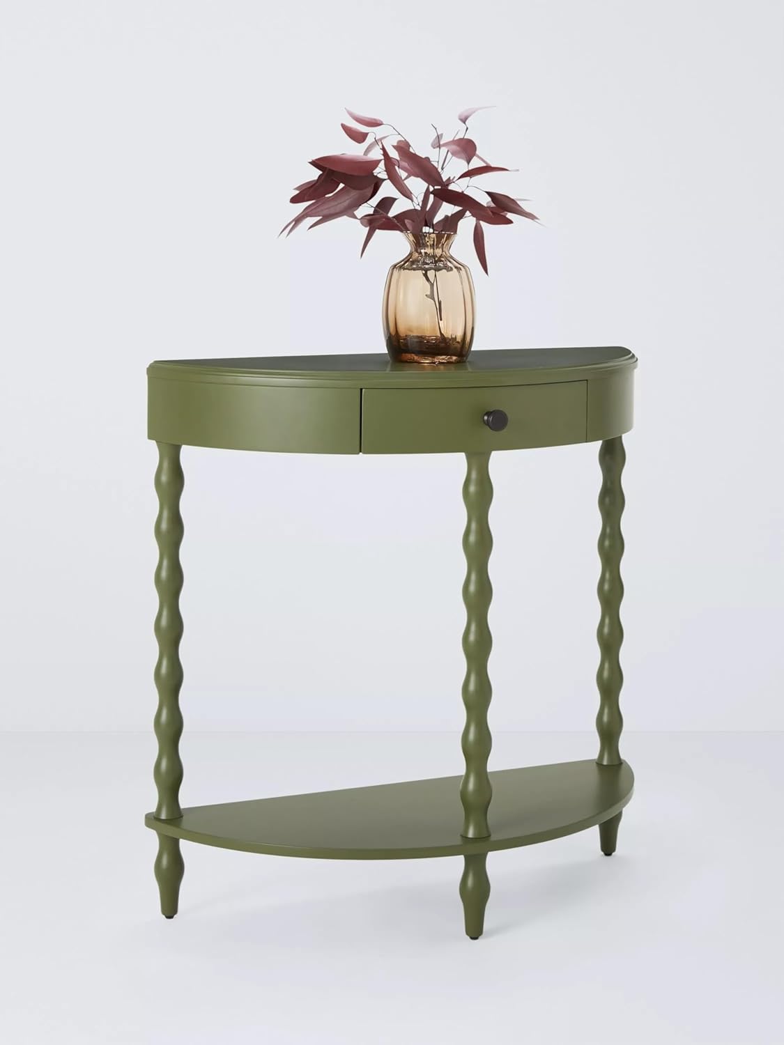Olive Green Wooden Console Table with Drawer – Elegant Half-Moon Entryway Table – Solid Wood Accent Furniture for Hallway, Living Room, or Foyer