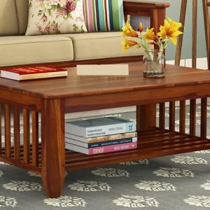 Premium Wooden Coffee Table for Living Room | Solid Sheesham Wood Center Table with Shelf Storage | Modern Brown Finish Tea Table for Home Décor