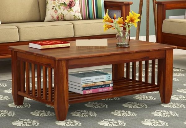 Premium Wooden Coffee Table for Living Room | Solid Sheesham Wood Center Table with Shelf Storage | Modern Brown Finish Tea Table for Home Décor