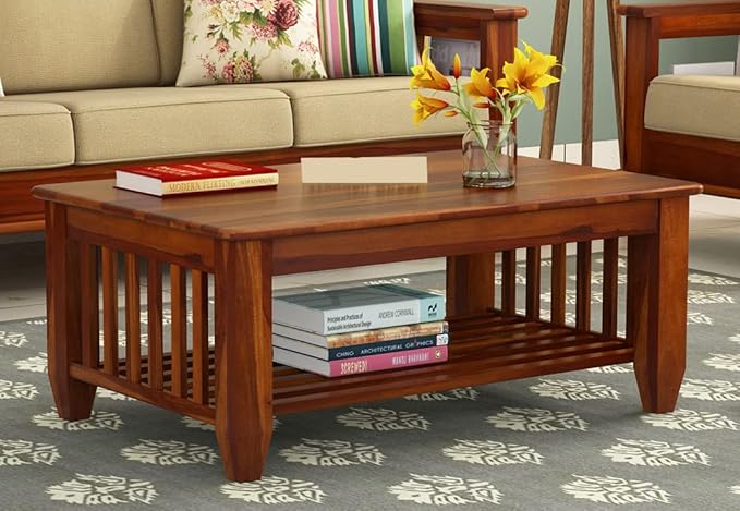 Premium Wooden Coffee Table for Living Room | Solid Sheesham Wood Center Table with Shelf Storage | Modern Brown Finish Tea Table for Home Décor
