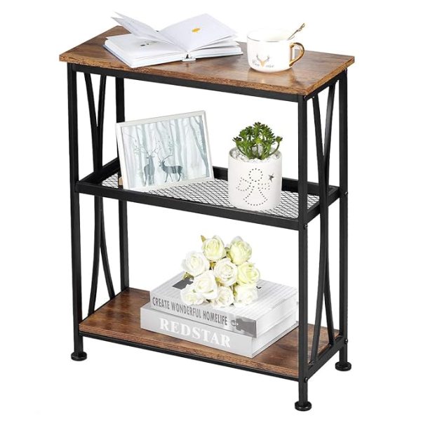 Industrial End Table with Storage Shelves – Rustic Brown & Black Wood and Metal Side Table – Small Modern Nightstand for Living Room, Bedroom, Office, Entryway – 3-Tier Narrow Accent Table
