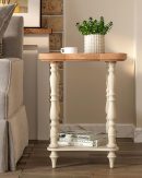 Wood End Table with Drawer, Off-White & Natural Finish, Farmhouse Accent Table, Small Side Table for Living Room or Bedroom, Wooden Furniture with Shelf Storage, 19"x19"x25"