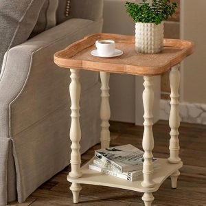 Wood End Table with Drawer, Off-White & Natural Finish, Farmhouse Accent Table, Small Side Table for Living Room or Bedroom, Wooden Furniture with Shelf Storage, 19"x19"x25"