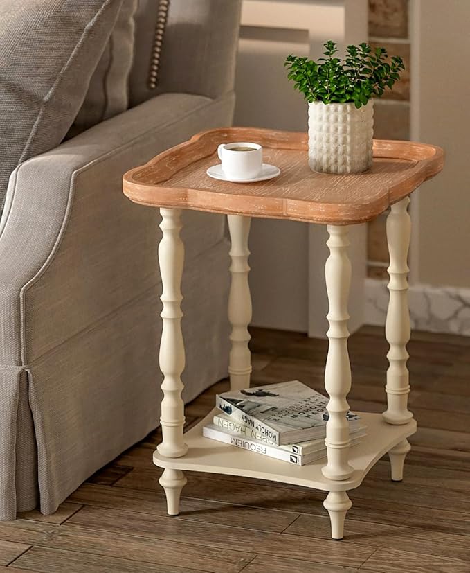 Wood End Table with Drawer, Off-White & Natural Finish, Farmhouse Accent Table, Small Side Table for Living Room or Bedroom, Wooden Furniture with Shelf Storage, 19"x19"x25"