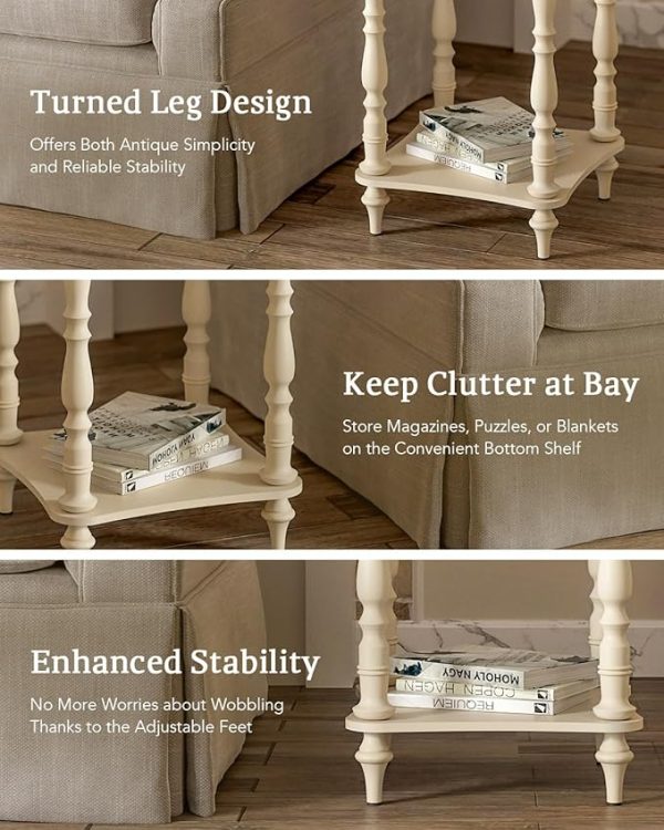 Wood End Table with Drawer, Off-White & Natural Finish, Farmhouse Accent Table, Small Side Table for Living Room or Bedroom, Wooden Furniture with Shelf Storage, 19"x19"x25" - Image 5