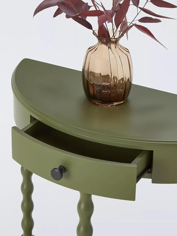 Olive Green Wooden Console Table with Drawer – Elegant Half-Moon Entryway Table – Solid Wood Accent Furniture for Hallway, Living Room, or Foyer - Image 4