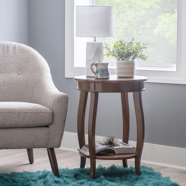 Brown Wooden End Table with Drawer & Shelf – Classic Round Accent Table for Living Room, Bedroom or Office – Elegant Curved Legs – Solid Wood Furniture - Image 2